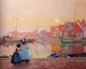 汉斯 赫尔曼 : A Dutch Fishing village At Dusk With Figures On A Quay